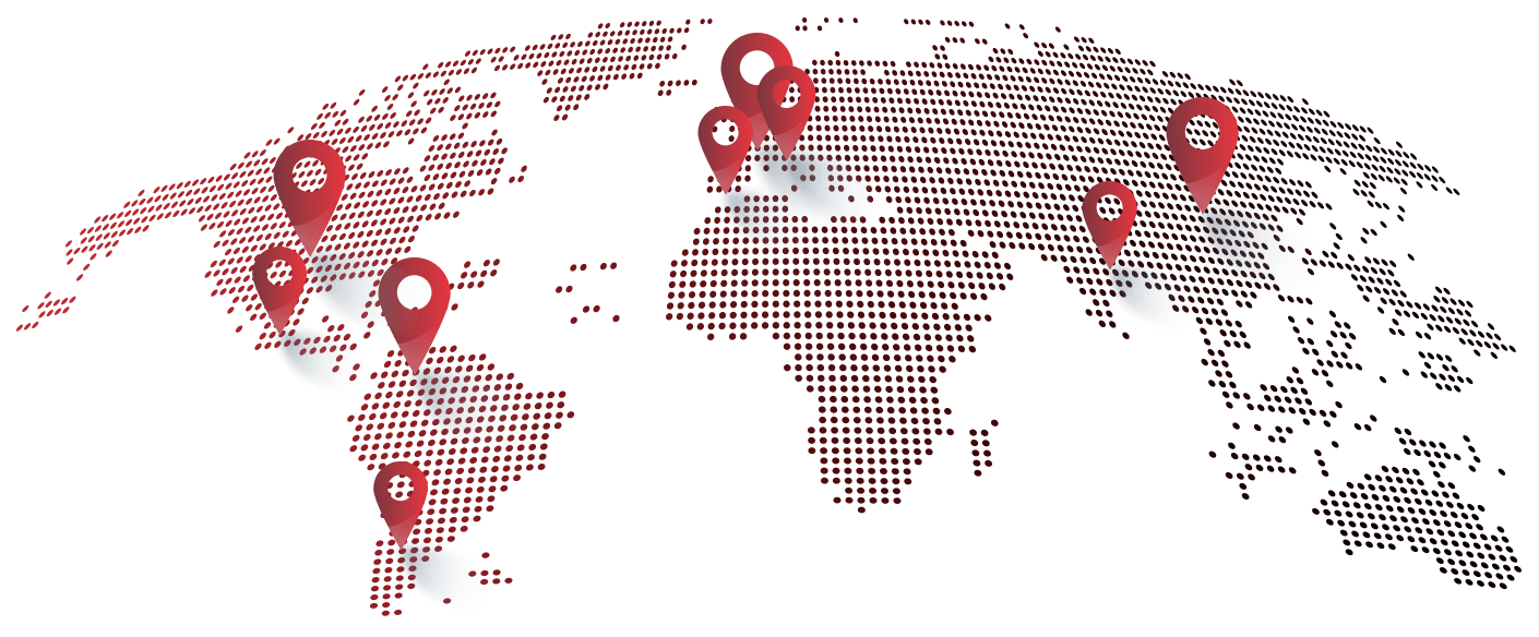 Mapa de atuação com marcação dos países que atua: Eua, Colômbia, México, China, Bélgica, Espanha, Inglaterra, Índia e Argentina